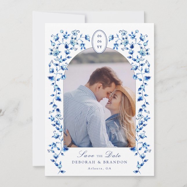 Invitación Blue & white Delft Photo Save the Date (Anverso)