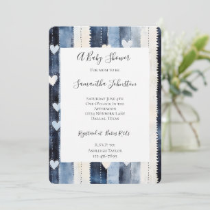 Invitación Blue White Denim Hearts Stripes Baby Shower