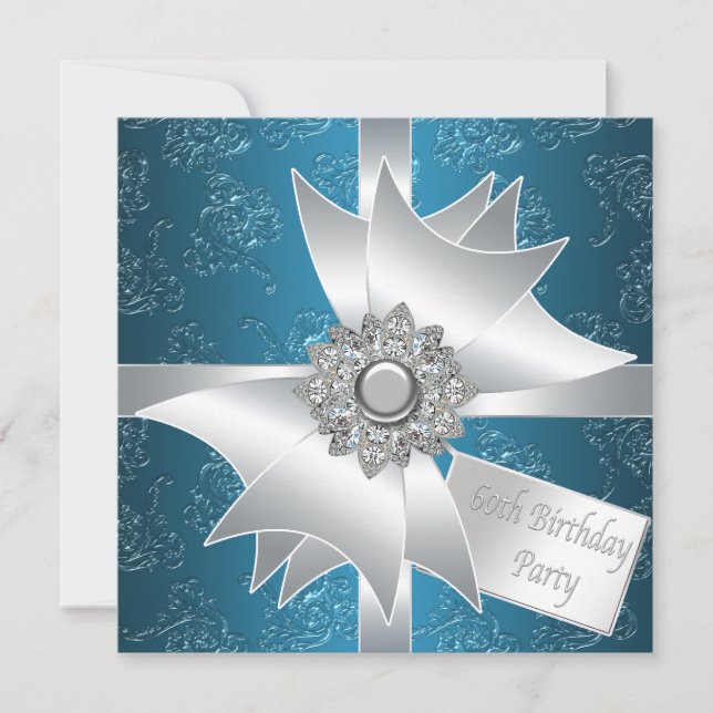 Invitación Blue White Diamond Bow Mujeres 60 cumpleaños (Anverso)