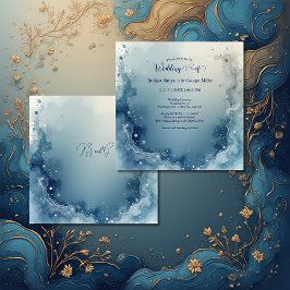 Invitación blue white Dreamy coastal marble ink wedding