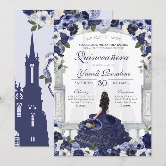 Invitación Blue White Elegante Charro Princesa Quinceanera (Anverso / Reverso)