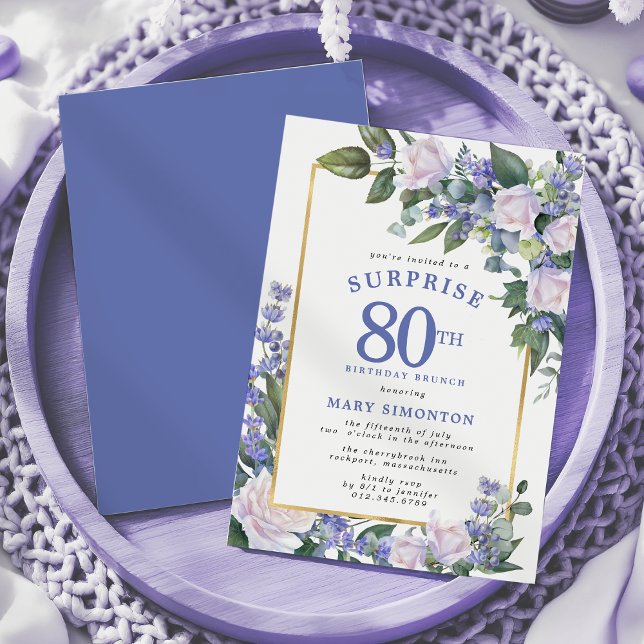 Invitación Blue White Floral 80th Surprise Birthday Brunch (Subido por el creador)