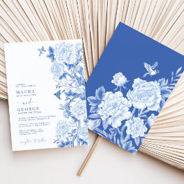 Invitación Blue White Floral Birds Chinoiserie Boda en el jar