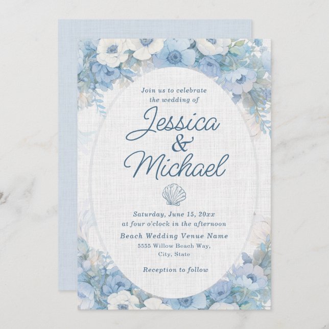 Invitación Blue White Floral Seashell Coastal Beach Wedding  (Anverso / Reverso)
