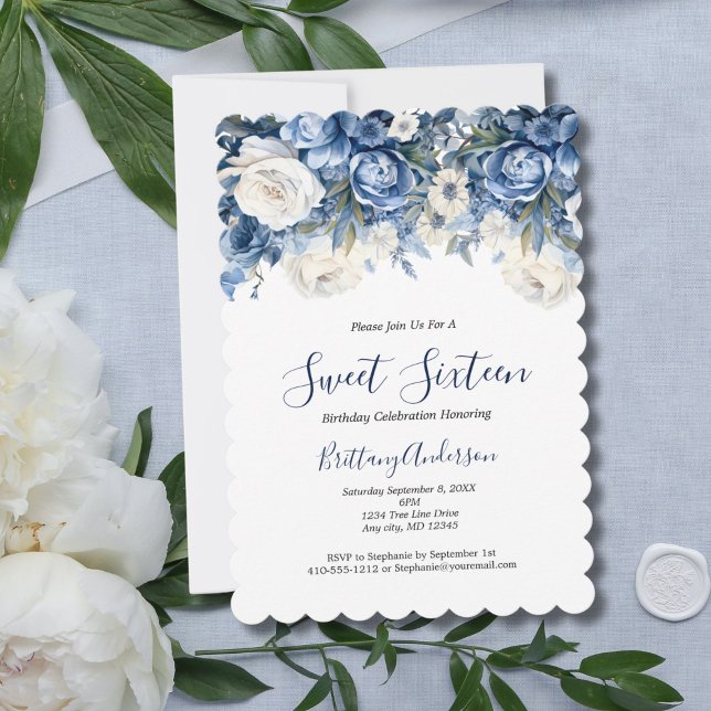 Invitación Blue White Floral Sweet 16 Cumpleaños (Blue White watercolor florals roses sweet sixteen 16th birthday party invitation. Digital or Printed)