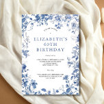 Invitación Blue White Floral Toile Watercolor 60 cumpleaños<br><div class="desc">Elegante y bonito azul y blanco toile acuarela floral color 60 cumpleaños invitación para ella. Editable para cualquier año y para añadir sus propios detalles. Disponible como descarga digital impresa o instantánea.</div>