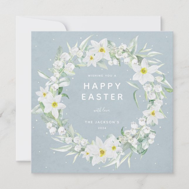 Invitación Blue + White Floral Wreath Happy Easter Flat Card (Anverso)