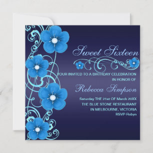 Invitación Blue/White Flower Swirl Sweet16 Birthday Invite
