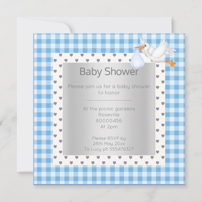 Invitación Blue White Gingham babyducha simple (Anverso)