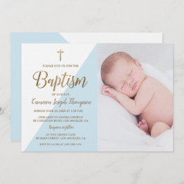 Invitación Blue White Gold Baptism baby Boy foto
