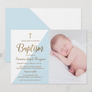 Invitación Blue White Gold Baptism baby Boy foto