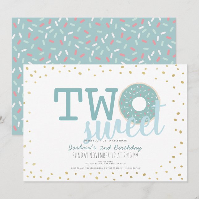 Invitación Blue White Gold Donut Two Sweet Boy 2º cumpleaños (Anverso / Reverso)