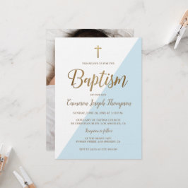 Invitación Blue White Gold Modern Baby Boy Foto Bautismo
