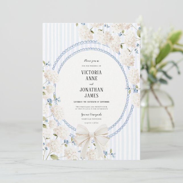 Invitación Blue White Hydrangea Stripe Vintage Wedding (Anverso de pie)