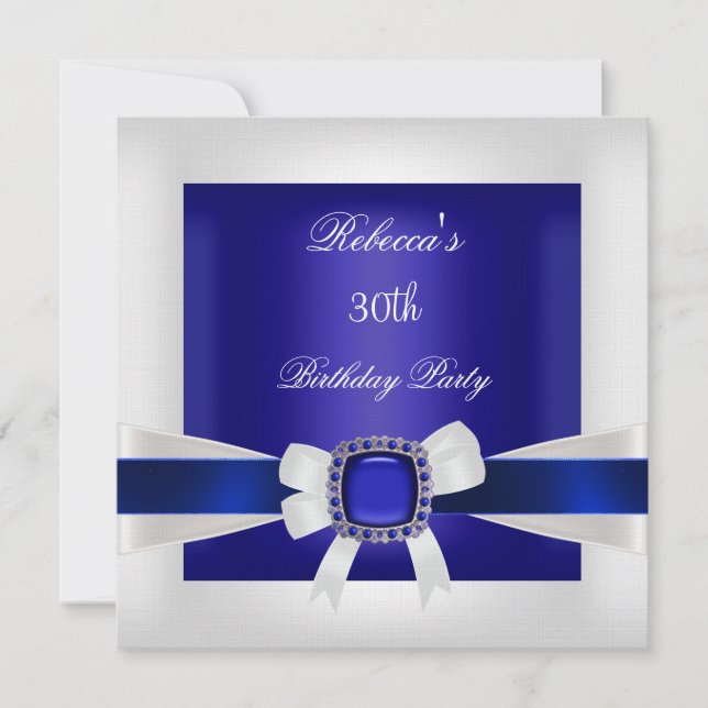 Invitación Blue White Jewel Bow 30 Birthday Fiesta Silver (Anverso)