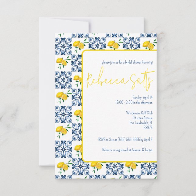Invitación Blue White Lemon Mediterráneo Tile Briower (Anverso)