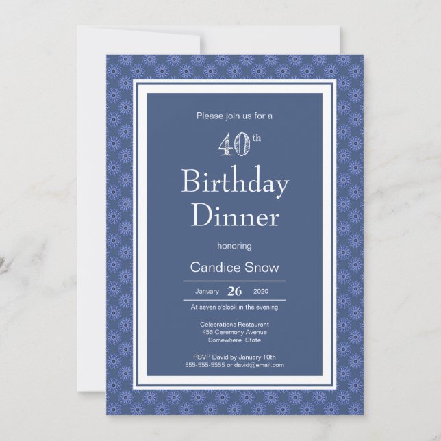 Invitación Blue White Mandala Pattern Cena de 40 cumpleaños (Anverso)