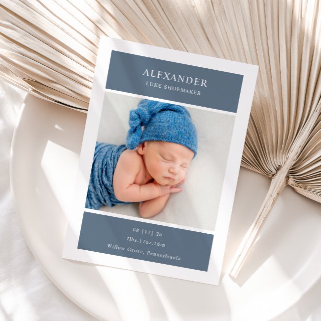 Invitación Blue White Minimalist Photo Baby Announcement Card (Subido por el creador)