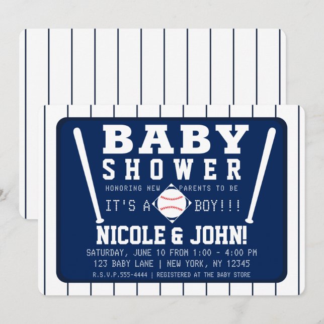 Invitación Blue & White Pinstripes Baby Shower Béisbol (Anverso / Reverso)