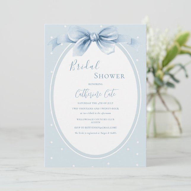 Invitación Blue White Polkadots Ribbon Bridal Shower (Anverso de pie)