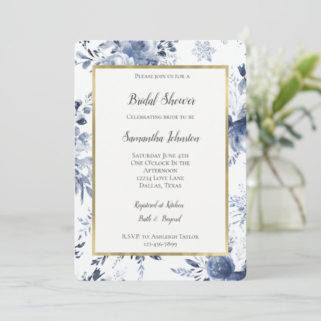 Invitación Blue White Romantic Floral Bridal Shower   (Anverso de pie)