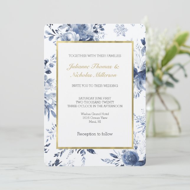 Invitación Blue White Romantic Floral Wedding (Anverso de pie)