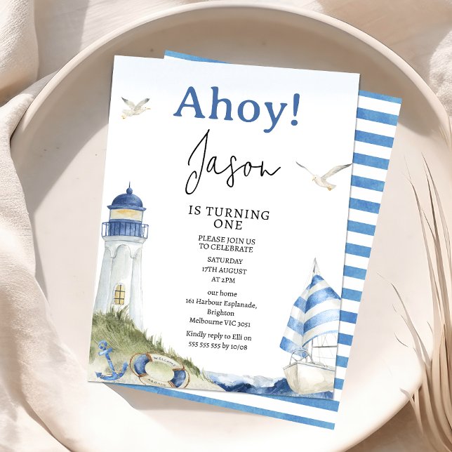 Invitación Blue White Sail Boat Nautical Ahoy 1er cumpleaños (Ahoy Nautical 1st Birthday Invite Boy Nautical Sailing Boat Party Invitation Printable Blue White)