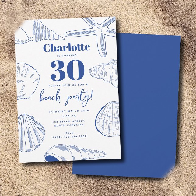 Invitación Blue White Sea Shells Beach Summer Birthday Party (Blue White Sea Shells Beach Summer Birthday Party Invitation)