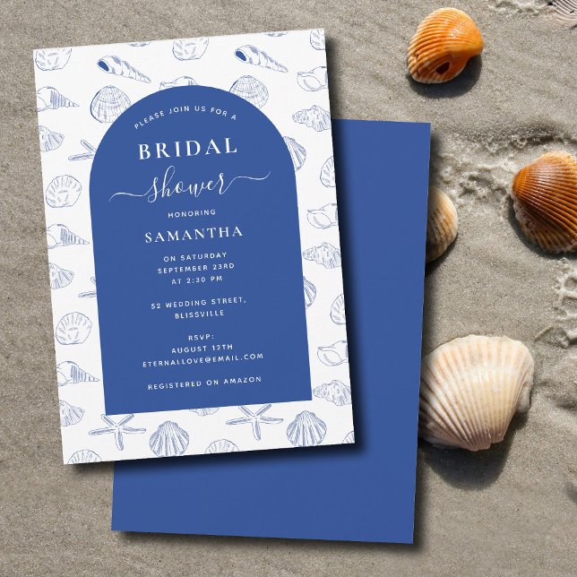 Invitación Blue White Sea Shells Beach Summer Bridal Shower (Blue White Sea Shells Beach Summer Bridal Shower Invitation)