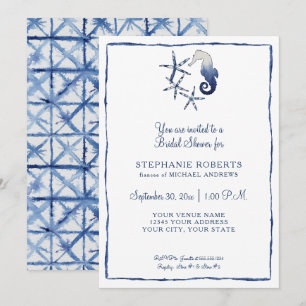 Invitación Blue White Shibori Seahorse Starfish Beach Bridal