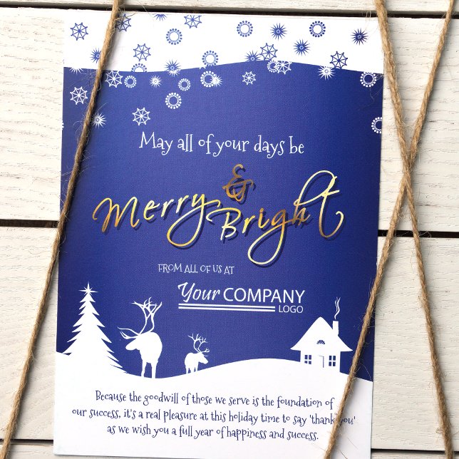Invitación Blue, White Snowflakes & Reindee, logotipo de la c (Blue White Logo, Royal Blue, Dark Blue Company Holiday Christmas Cards, Rustic Elk)