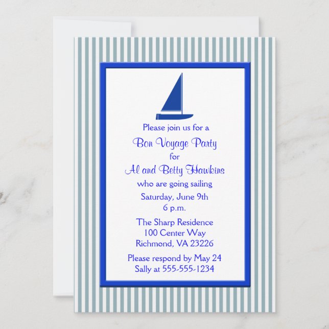 Invitación Blue White Stripes Bot Bon Voyage Fiesta (Anverso)