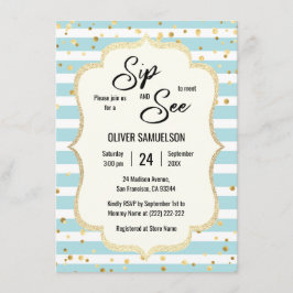 Invitación Blue White Stripes Gold Black BABY SIP y VER