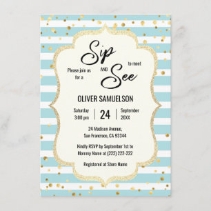 Invitación Blue White Stripes Gold Black BABY SIP y VER
