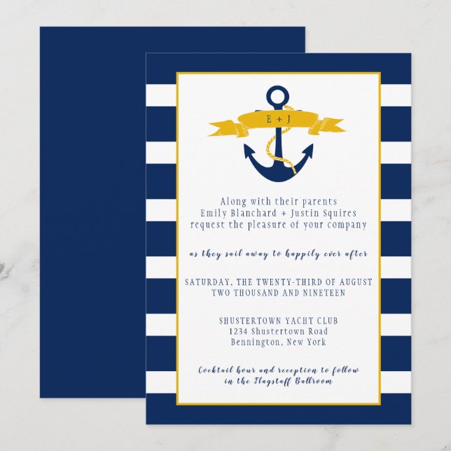 Invitación Blue White Stripes Gold Detalles Boda Náutico | (Anverso / Reverso)