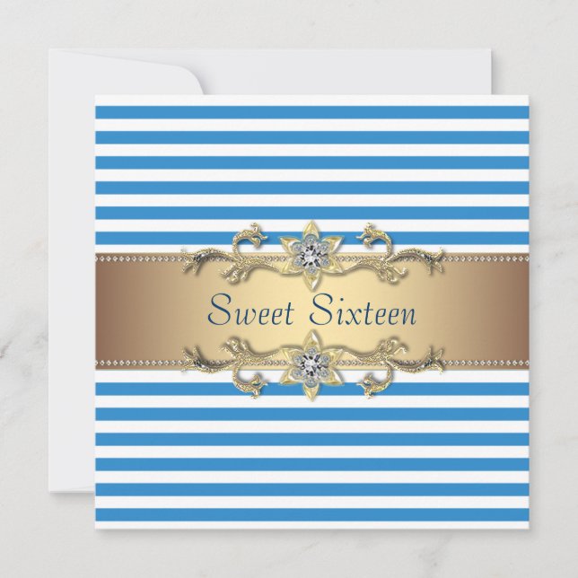 Invitación Blue White Summer Stripe Sweet Dieciséis Fiestas (Anverso)