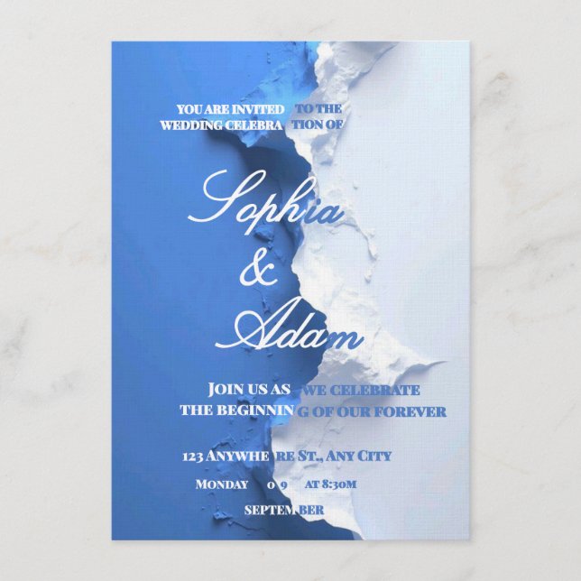 Invitación Blue & White Textured Art Wedding Invitation  (Anverso)