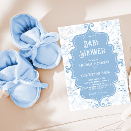 Invitación Blue White Toile Bear Bear Baby Boy Shower