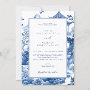 Invitación Blue & White Toile Chinoiserie Boda Blue Pagoda