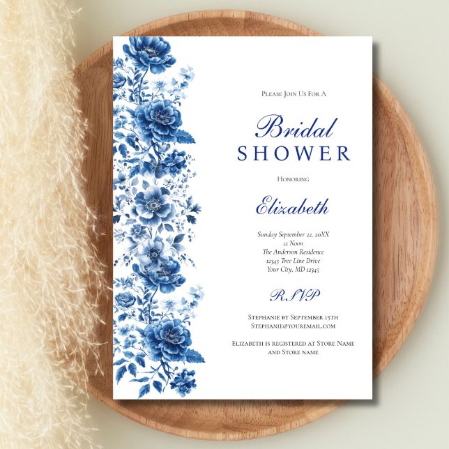 Invitación Blue White Toile Floral Botanal Bridal Shower (Blue Watercolor Florals Toile Chinoiserie Bridal Shower Invitation. Printed or Digital Download)