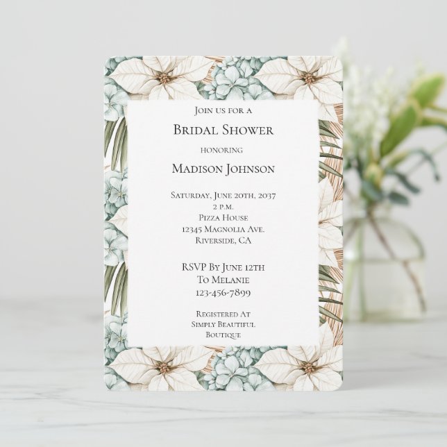 Invitación Blue White Tropical Hydrangea Floral Bridal Shower (Anverso de pie)
