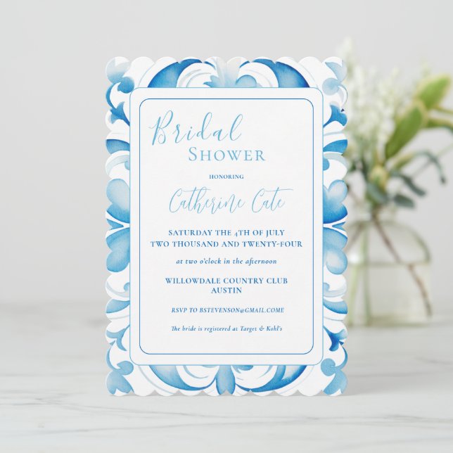 Invitación Blue & White Tuscan Design Bridal Shower (Anverso de pie)