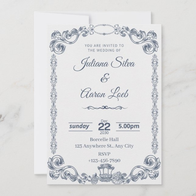 Invitación Blue White Vintage Classic Elegant Wedding Invitat (Anverso)