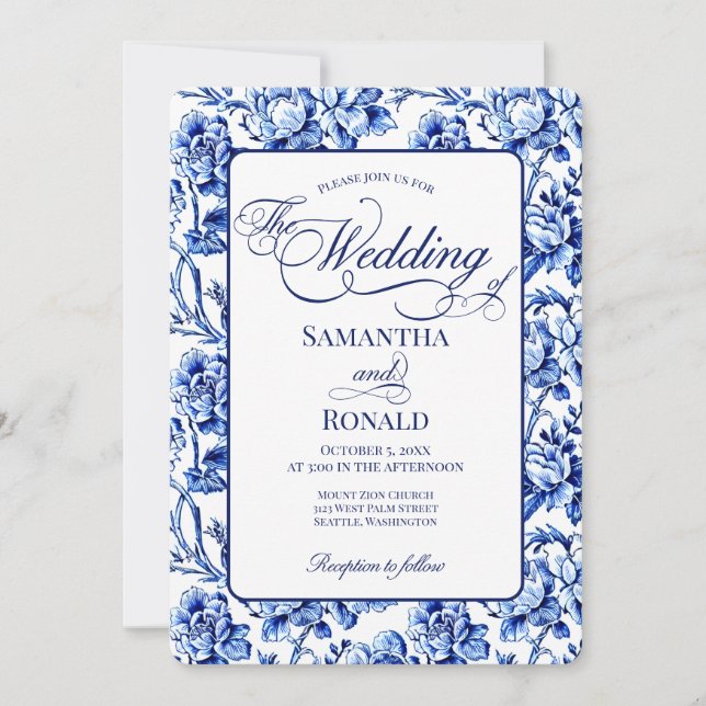 Invitación Blue & White w Calligraphy Floral Toile Wedding (Anverso)
