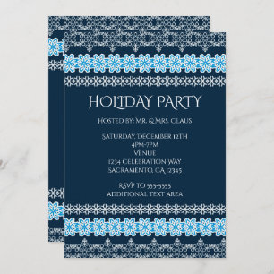 Invitación Blue & White Winter Lace Elegante fiesta de vacaci
