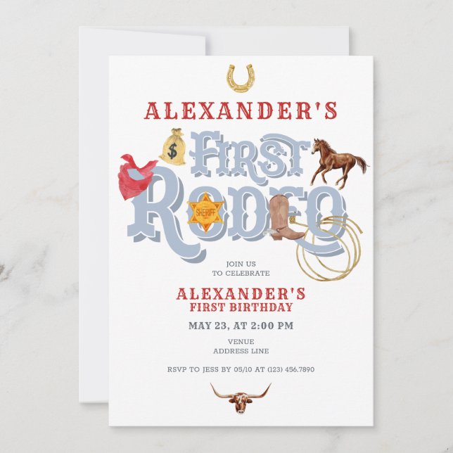 Invitación Blue Wild West First Rodeo Baby Boy Primer cumplea (Anverso)