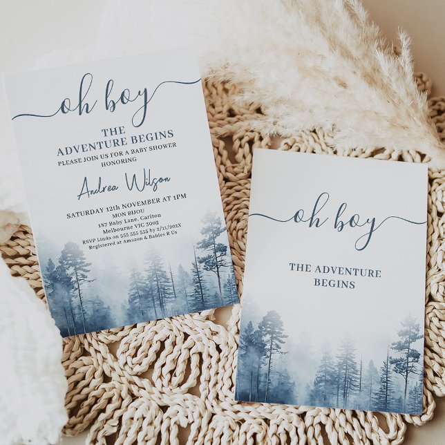 Invitación Blue Wilderness Adventure comienza Baby Shower (Boy's The Adventure Begins Baby Shower Invitation, Wilderness oh boy baby shower invitation, )