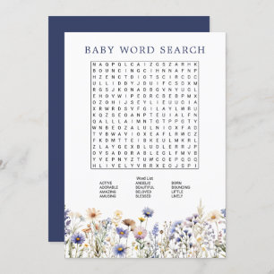Invitación Blue Wildflower Boho Baby Shower Word Search Game