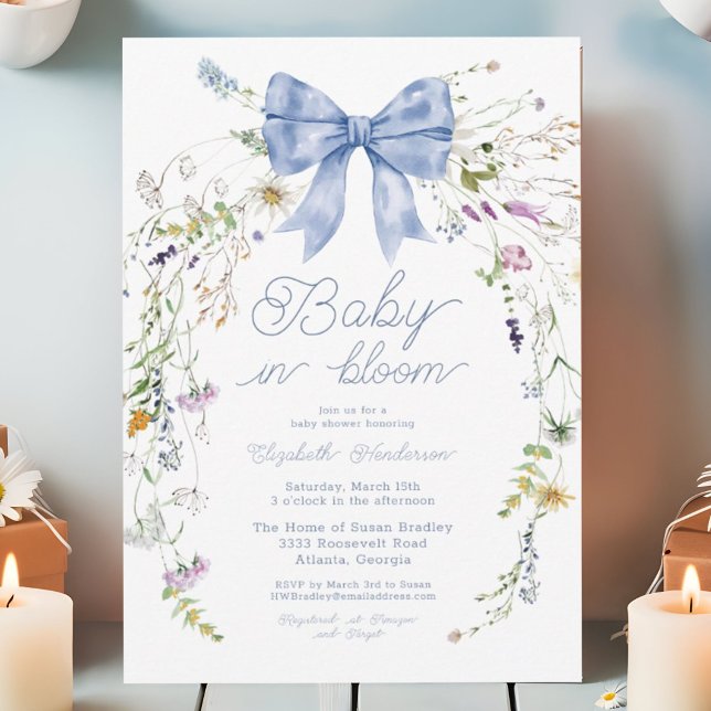 Invitación Blue Wildflower Bow Baby In Bloom Baby Shower (Subido por el creador)