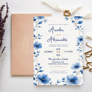 Invitación Blue Wildflower Elegant Watercolor Floral Romantic